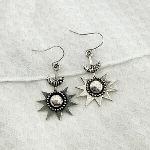 Antique Silver Sun & Moon Dangle Earrings, Bohemian Jewelry